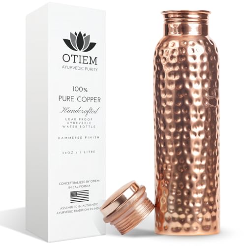 Otiem Hammered Ayurvedic 100% Pure Copper Water Bottle  - 1 Litre (34 Oz) Leak Proof (Handcrafted)